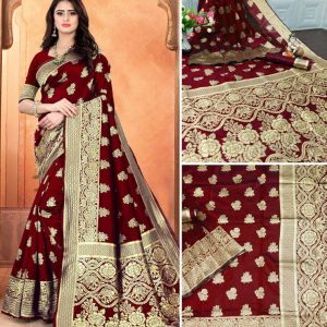 Self Design Banarasi Cotton Blend, Pure Silk Saree  (Maroon)